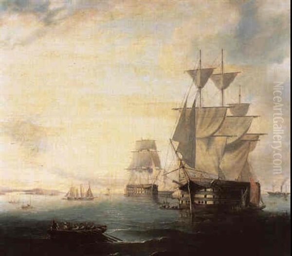 A Three-decker At Anchor And Drying Her Sails Amidst Other  Shipping Off A Mediterranean Port Oil Painting by John Wilson Carmichael