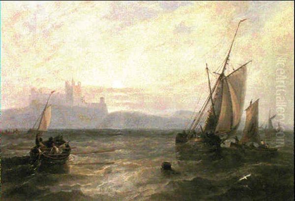 Fishing Vessels At Dusk Off Bamburgh Castle Oil Painting by John Wilson Carmichael