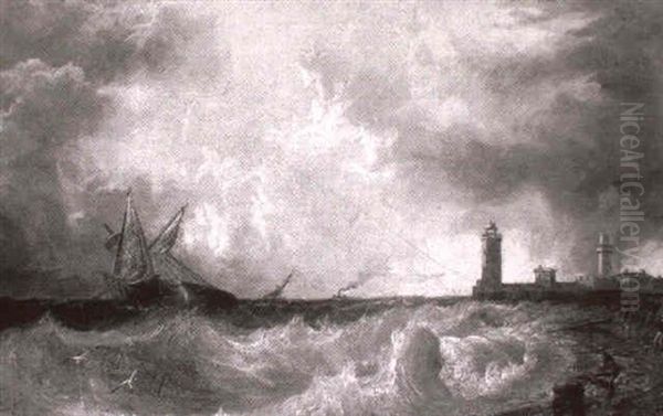 Figures Beaching Stricken Brig During Storm Oil Painting by John Wilson Carmichael