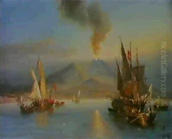 The Bay Of Naples With Vesuvius Erupting Oil Painting by John Wilson Carmichael