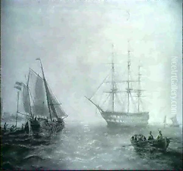 A Sailing Barge And A Ship Fo The Line Off A Dutch          Lighthouse Oil Painting by John Wilson Carmichael