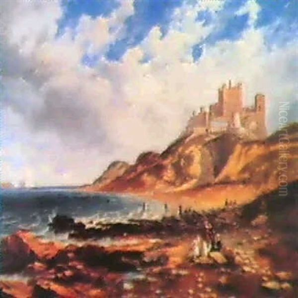 Ladies Bathing On The Beach Below Bamburgh Castle Oil Painting by John Wilson Carmichael