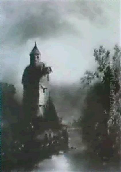 An Old Windmill By Moonlight Oil Painting by John Wilson Carmichael