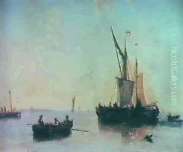 Sailing Barges On A Claim Sea Oil Painting by John Wilson Carmichael