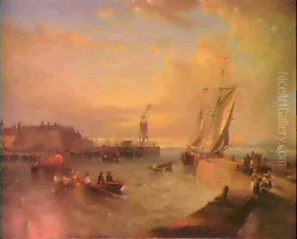 A View Of Harbor, Hartlepool, Scotland, With A Dutch Sailingboat Off A Quay, A Fishing Fleet And A Lighthouse Beyond Oil Painting by John Wilson Carmichael