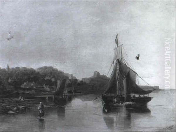 Shipping In An Estuary With Figures In The Foreground, A    Village With A Ruined Castle Beyond Oil Painting by John Wilson Carmichael