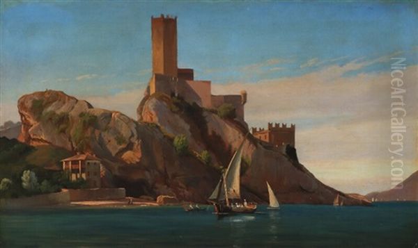 View Of Lake Garda With The Medieval Castle Castello Scaligero At Malcesine Oil Painting by Johann Hermann Carmiencke