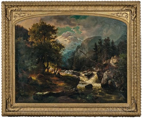 The Mountain Torrent, Possibly The Rhine Glacier Oil Painting by Johann Hermann Carmiencke