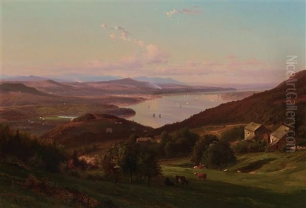 Hudson River Landscape Oil Painting by Johann Hermann Carmiencke