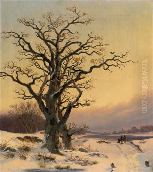 Winterlandschaft An Der Elbe Mit Drei Reitern Oil Painting by Johann Hermann Carmiencke