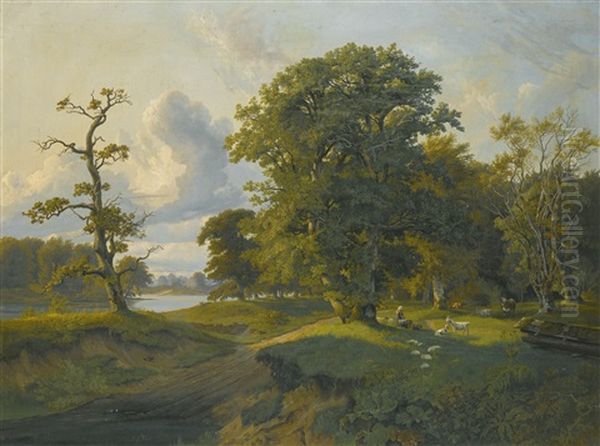 A Wooded Landscape With A Girl And Cattle Oil Painting by Johann Hermann Carmiencke