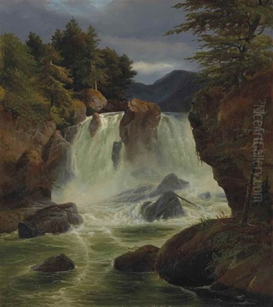 Vue De La Cascade De Stora Mollan En Suede Oil Painting by Johann Hermann Carmiencke