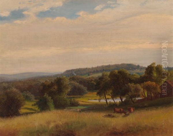 Cows Grazing In A Pasture Oil Painting by Johann Hermann Carmiencke