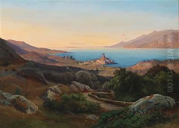 View Of Lake Garda With The Medieval Castle Castello Scaligero At Malcesine Oil Painting by Johann Hermann Carmiencke