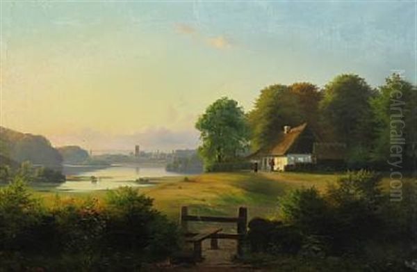 A Farm By The Fiord On A Sunny Morning Oil Painting by Johann Hermann Carmiencke