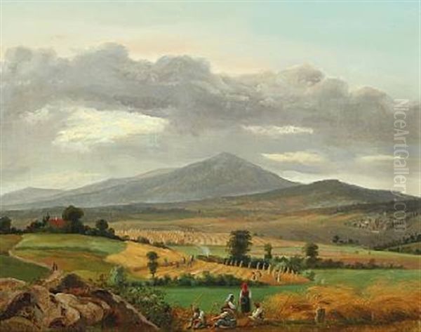 Mountainscape With People Harvesting Oil Painting by Johann Hermann Carmiencke