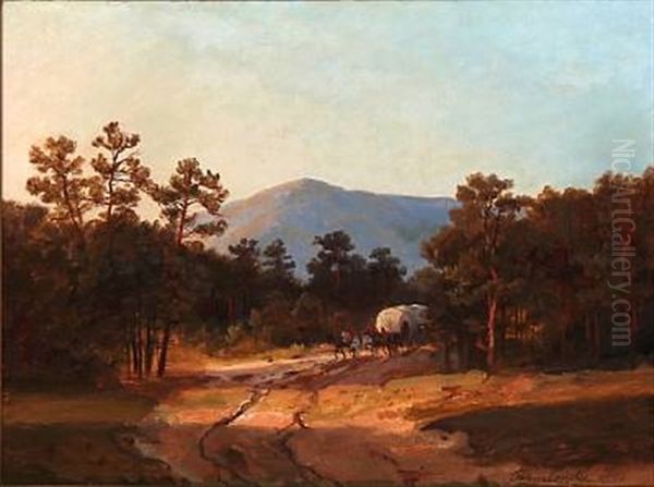 Horse-drawn Coach In The Forest Oil Painting by Johann Hermann Carmiencke