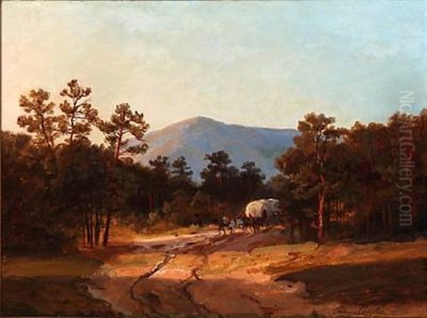 Horse-drawn Coach In The Forest Oil Painting by Johann Hermann Carmiencke