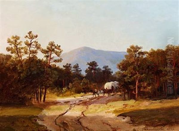 Horse-drawn Coach In The Forest (southern Germany?) Oil Painting by Johann Hermann Carmiencke