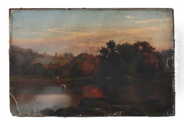 Hudson River Scene With Cows Watering Oil Painting by Johann Hermann Carmiencke