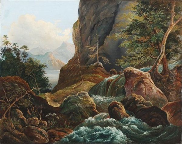 Gebirgslandschaft Mit Wasserfall Oil Painting by Johann Hermann Carmiencke