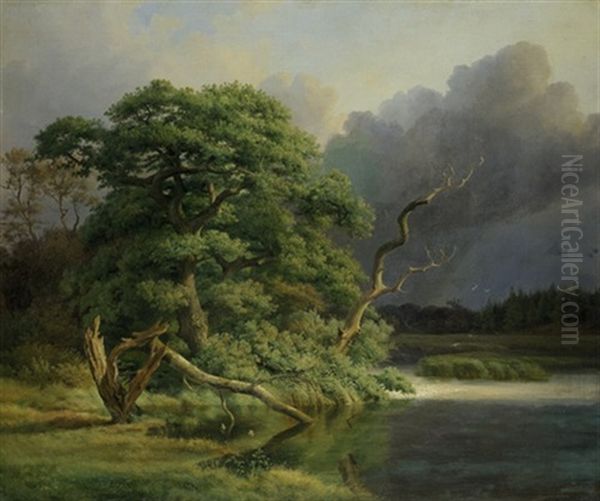 Alte Eichen An Einem Weiher Oil Painting by Johann Hermann Carmiencke