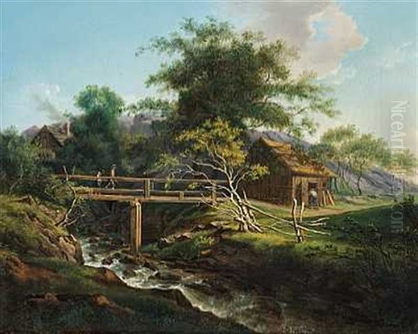 Bjerglandskab. To Personer Krydser En Bro by Johann Hermann Carmiencke