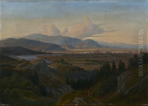 Weiter Blick Uber Die Wachau Sowie Einer Stadt Auf Die Berge Oil Painting by Johann Hermann Carmiencke