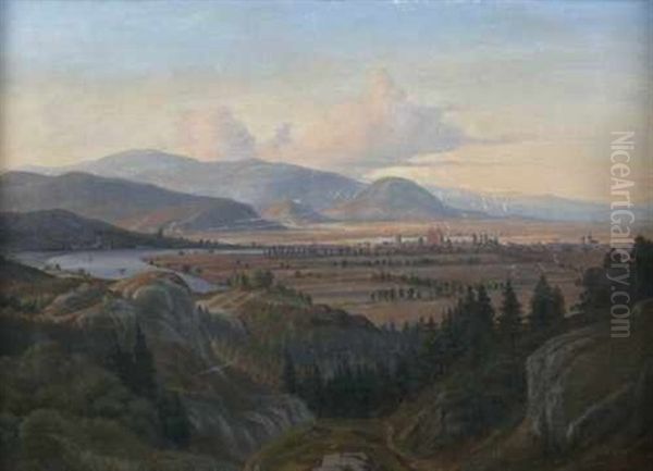 Weiter Blick Uber Die Wachau Und Donau Sowie Einer Stadt Und Auf Die Berge Oil Painting by Johann Hermann Carmiencke