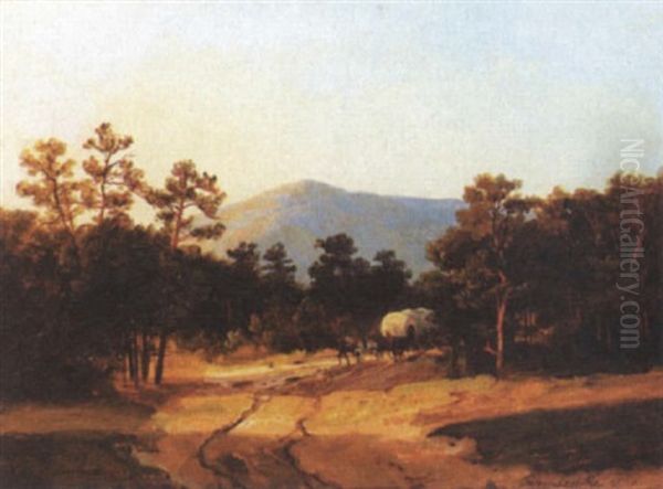 Skovslette Med Hestevogn, I Baggrunden Bjerge Oil Painting by Johann Hermann Carmiencke