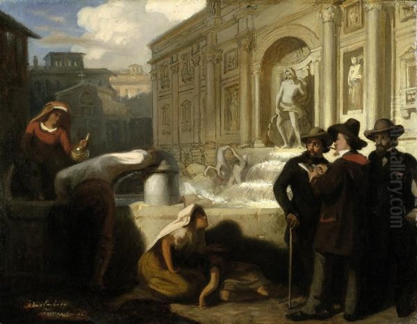 Selbstbildnis Mit Freunden An Der Fontana Di Trevi Oil Painting by Wilhelm A. Lebrecht Amberg