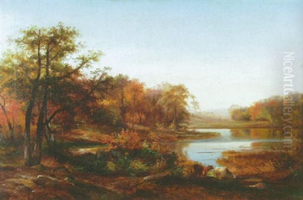 River Landscape In Autumn Oil Painting by Johann Hermann Carmiencke