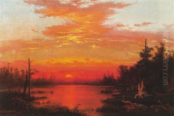 Fisherman On A Lake At Sunset Oil Painting by Johann Hermann Carmiencke