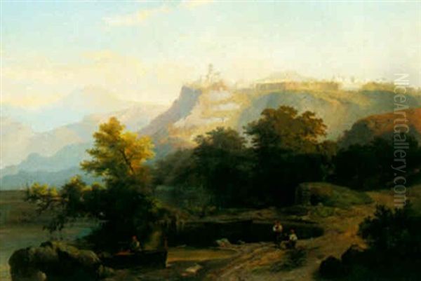 Hilltown In A Landscape Oil Painting by Johann Hermann Carmiencke