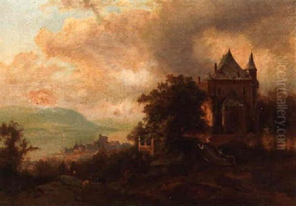 A Village Set On A Lake Oil Painting by Johann Hermann Carmiencke