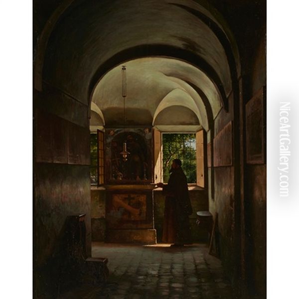 Monk In An Interior Oil Painting by Guido Carmignani