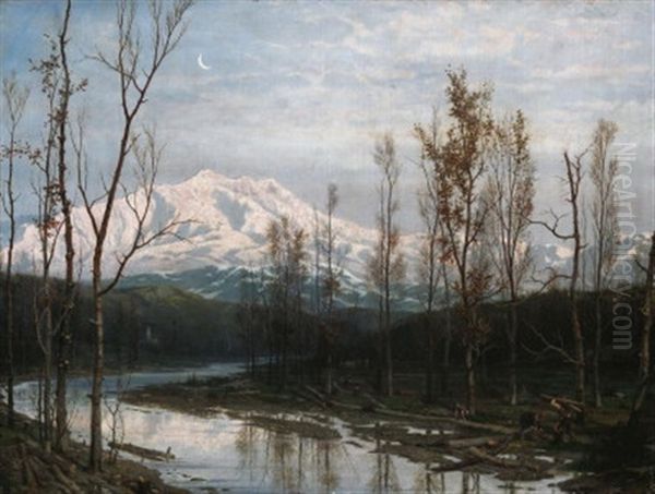 Winterabend In Einem Tal In Den Italienischen Alpen. Holzfaller Und Reisigsammler Auf Dem Heimweg Oil Painting by Guido Carmignani