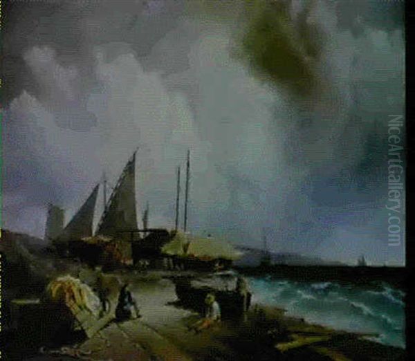 Fisherfolk By The Seashore Oil Painting by Guido Carmignani