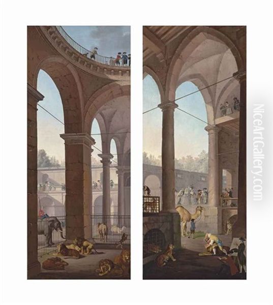 Roman Arcades With Cages Of Lions, Dromedaries And An Elephant...; Classical Arcades With A Dromedary, Leopards A Baboon...(pair) Oil Painting by Antonio Carnicero Mancio