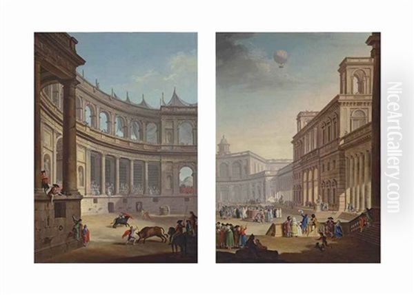 An Amphitheatre With Figures Watching A Bull Fight; A Capriccio Of A Square With Figures Watching A Hot Air Balloon (pair) Oil Painting by Antonio Carnicero Mancio