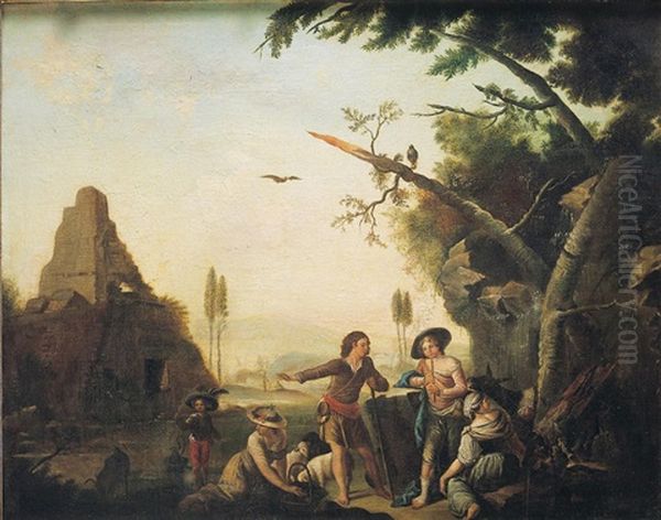 Paisaje Imaginario Con Familia De Pastores Y Otras Figuras Oil Painting by Antonio Carnicero Mancio