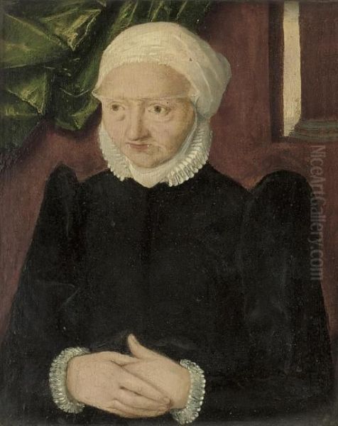 Portrait Of An Old Woman, Half-length, In A Black Dress, With A White Ruff And Headdress Oil Painting by Christoph Ambeger