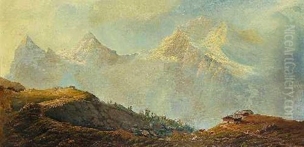 Alm In Hochgebirge Voreiger, Monch Und Jungfrau Oil Painting by Gustave Amberger