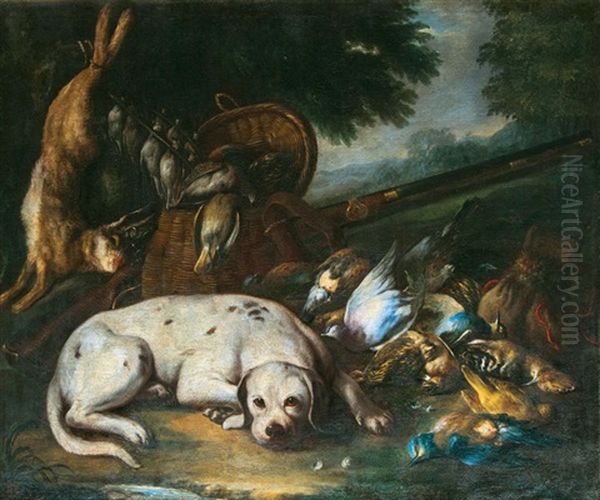 Jagdstilleben Mit Beute Und Hund Oil Painting by Baldassare De Caro