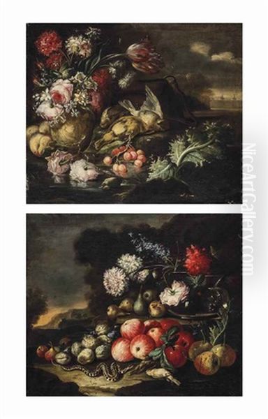 Fruit And Flowers With A Snake And Sparrows In A Landscape; And Fruit And Flowers With Game On A Shore by Baldassare De Caro