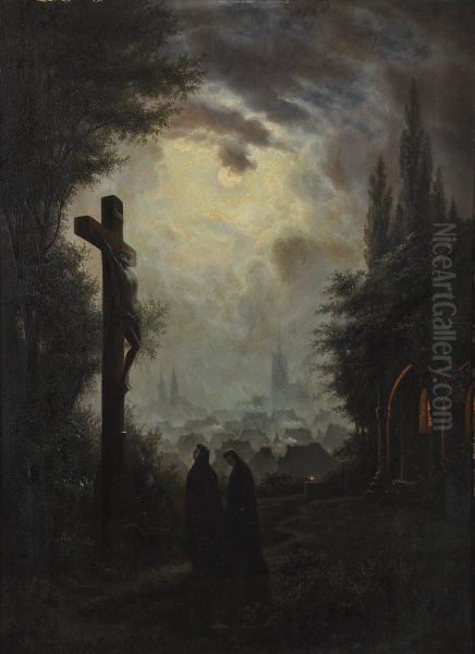 The Crucifix By Moonlight Oil Painting by Gustave Amberger