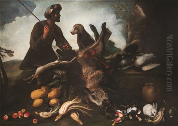 Natura Morta Con Cinghiale, Frutta, Ortaggi E Cacciatore Oil Painting by Baldassare De Caro