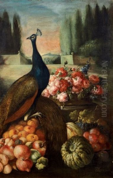 Vue De Parc Avec Un Paon Pres D'une Corbeille De Fleurs, De Fruits Et De Legumes Oil Painting by Baldassare De Caro