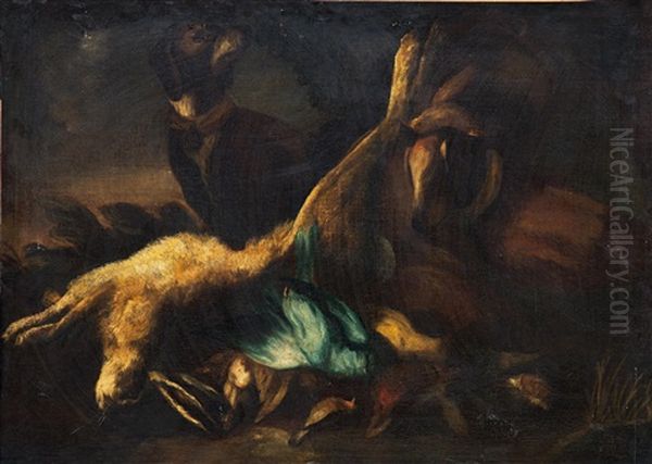 Dogs With Shot Game In A Landscape Oil Painting by Baldassare De Caro