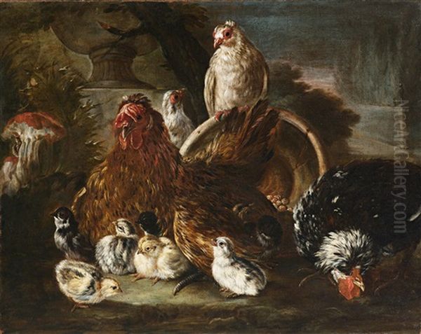 Hof Mit Henne, Perlhuhn, Kuken, Maulwurf Und Pilz Oil Painting by Baldassare De Caro